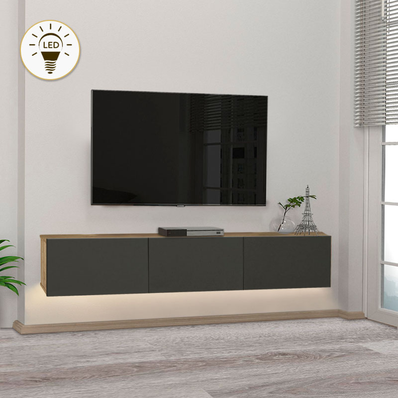 Έπιπλο τηλεόρασης επιτοίχιο Damla Megapap με LED χρώμα sapphire oak - ανθρακί 180x29