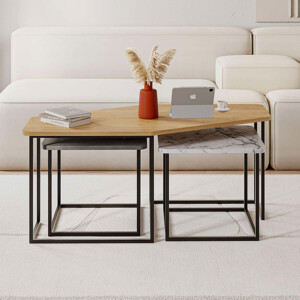 Τραπεζάκι σαλονιού σετ 3 τμχ. Nesty Megapap χρώμα saphhire oak - γκρι ρετρό - λευκό εφέ μαρμάρου 110x60x48εκ. - Image 2