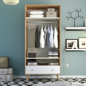 Ντουλάπα ρούχων Samet Megapap δίφυλλη με συρτάρι χρώμα λευκό - sapphire oak 80x50x195εκ. - Image 2