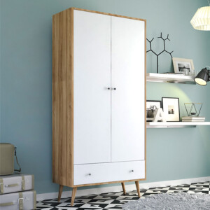 Ντουλάπα ρούχων Samet Megapap δίφυλλη με συρτάρι χρώμα λευκό - sapphire oak 80x50x195εκ. - Image 4