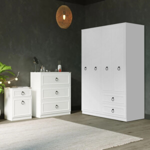 Ντουλάπα ρούχων Hampton Megapap τετράφυλλη με συρτάρια χρώμα λευκό 140x52x185εκ. - Image 3