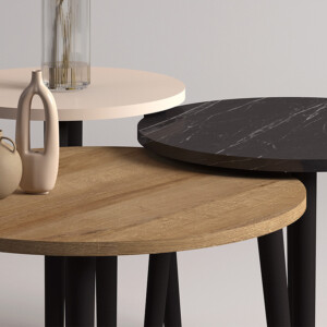 Τραπεζάκι σαλονιού σετ 3 τμχ Roma Megapap χρώμα oak - μαύρο εφέ μαρμάρου - κρεμ Φ60x46εκ. - Image 3