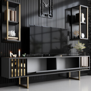 Σύνθεση τηλεόρασης Goldline Megapap χρώμα ανθρακί - χρυσό 180x30x48εκ. - Image 3