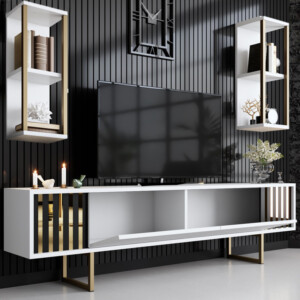 Σύνθεση τηλεόρασης Goldline Megapap χρώμα λευκό - χρυσό 180x30x48εκ. - Image 3