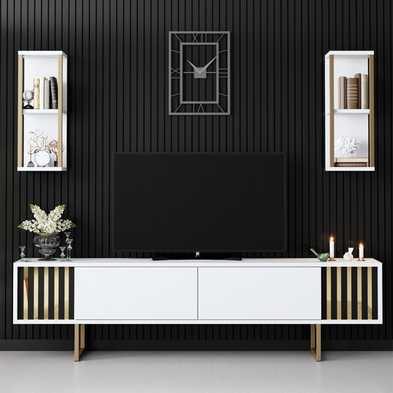 Σύνθεση τηλεόρασης Goldline Megapap χρώμα λευκό - χρυσό 180x30x48εκ. Σύνθεση τηλεόρασης Goldline Megapap χρώμα λευκό - χρυσό 180x30x48εκ.