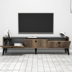 Έπιπλο τηλεόρασης Lidya Megapap χρώμα καρυδί - μαύρο εφέ μαρμάρου 180x35x49εκ. - Image 2