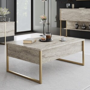 Τραπεζάκι σαλονιού Luxe Megapap χρώμα travertine - χρυσό 90x60x40εκ. - Image 2