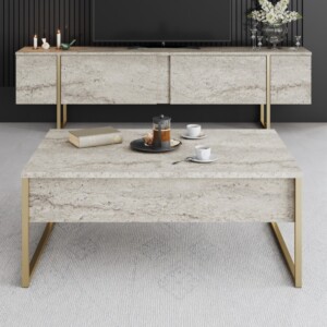 Τραπεζάκι σαλονιού Luxe Megapap χρώμα travertine - χρυσό 90x60x40εκ. - Image 3