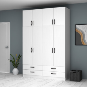 Ντουλάπα ρούχων Ricardo Megapap τετράφυλλη με πατάρι και συρτάρια χρώμα λευκό 160x51,8x240εκ. - Image 4