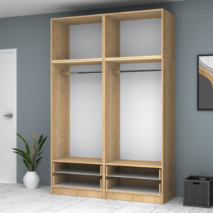 Ντουλάπα ρούχων Ricardo Megapap τετράφυλλη με πατάρι και συρτάρια χρώμα φυσικό οξιάς 160x51,8x240εκ. - Image 3