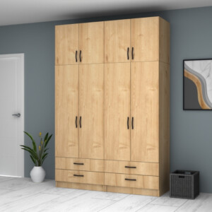 Ντουλάπα ρούχων Ricardo Megapap τετράφυλλη με πατάρι και συρτάρια χρώμα φυσικό οξιάς 160x51,8x240εκ. - Image 4
