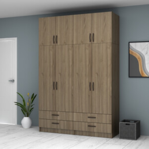 Ντουλάπα ρούχων Ricardo Megapap τετράφυλλη με πατάρι και συρτάρια χρώμα καρυδί 160x51,8x240εκ. - Image 4