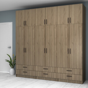 Ντουλάπα ρούχων Ricardo Megapap εξάφυλλη με πατάρι και συρτάρια χρώμα καρυδί 240x51,8x240εκ. - Image 4