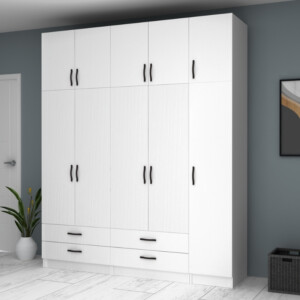 Ντουλάπα ρούχων Ricardo Megapap πεντάφυλλη με πατάρι και συρτάρια χρώμα λευκό 200x51,8x240εκ. - Image 4