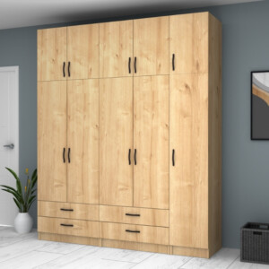 Ντουλάπα ρούχων Ricardo Megapap πεντάφυλλη με πατάρι και συρτάρια χρώμα φυσικό οξιάς 200x51,8x240εκ. - Image 4