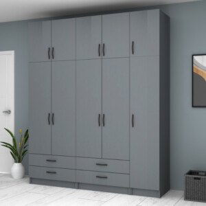 Ντουλάπα ρούχων Ricardo Megapap πεντάφυλλη με πατάρι και συρτάρια χρώμα ανθρακί 200x51,8x240εκ. - Image 3