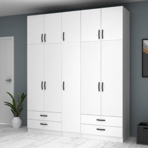 Ντουλάπα ρούχων Ricardo Megapap πεντάφυλλη με πατάρι και συρτάρια χρώμα λευκό 200x51,8x240εκ. - Image 4