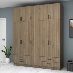 Ντουλάπα ρούχων Ricardo Megapap πεντάφυλλη με πατάρι και συρτάρια χρώμα καρυδί 200x51,8x240εκ. - Image 4