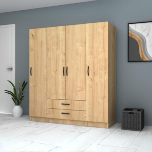 Ντουλάπα ρούχων Ricardo Megapap τετράφυλλη με συρτάρια χρώμα φυσικό οξιάς 160x51,8x181εκ. - Image 4