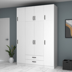 Ντουλάπα ρούχων Ricardo Megapap τετράφυλλη με πατάρι και συρτάρια χρώμα λευκό 160x51,8x240εκ. - Image 4
