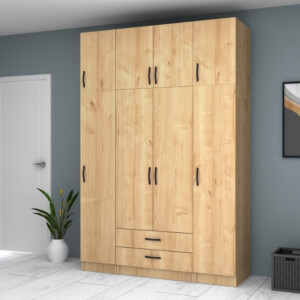 Ντουλάπα ρούχων Ricardo Megapap τετράφυλλη με πατάρι και συρτάρια χρώμα φυσικό οξιάς 160x51,8x240εκ. - Image 4