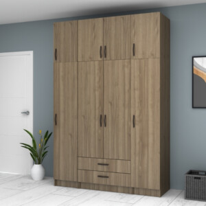 Ντουλάπα ρούχων Ricardo Megapap τετράφυλλη με πατάρι και συρτάρια χρώμα καρυδί 160x51,8x240εκ. - Image 4