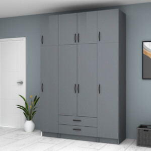 Ντουλάπα ρούχων Ricardo Megapap τετράφυλλη με πατάρι και συρτάρια χρώμα ανθρακί 160x51,8x240εκ. - Image 4