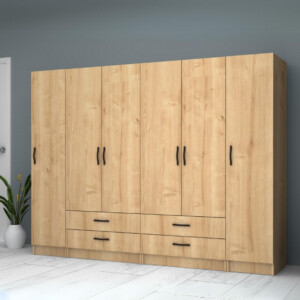 Ντουλάπα ρούχων Ricardo Megapap εξάφυλλη με συρτάρια χρώμα φυσικό οξιάς 240x51,8x181εκ. - Image 4