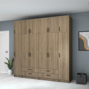 Ντουλάπα ρούχων Ricardo Megapap εξάφυλλη με πατάρι και συρτάρια χρώμα καρυδί 240x51,8x240εκ. - Image 4