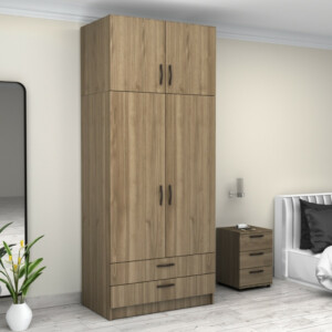 Ντουλάπα ρούχων Victoria Megapap δίφυλλη με πατάρι και συρτάρια χρώμα καρυδί 100x60x240εκ. - Image 4