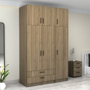 Ντουλάπα ρούχων Victoria Megapap τρίφυλλη με πατάρι και συρτάρια χρώμα καρυδί 150x60x240εκ. - Image 4