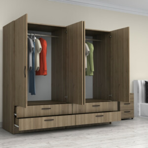 Ντουλάπα ρούχων Victoria Megapap τετράφυλλη με συρτάρια χρώμα καρυδί 200x60x181εκ. - Image 2