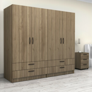 Ντουλάπα ρούχων Victoria Megapap τετράφυλλη με συρτάρια χρώμα καρυδί 200x60x181εκ. - Image 4