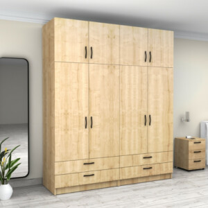 Ντουλάπα ρούχων Victoria Megapap τετράφυλλη με πατάρι και συρτάρια χρώμα φυσικό οξιάς 200x60x240εκ. - Image 4