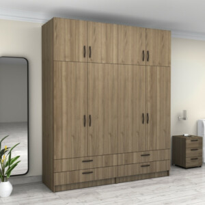 Ντουλάπα ρούχων Victoria Megapap τετράφυλλη με πατάρι και συρτάρια χρώμα καρυδί 200x60x240εκ. - Image 4