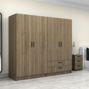 Ντουλάπα ρούχων Victoria Megapap τετράφυλλη με συρτάρια χρώμα καρυδί 200x60x181εκ. - Image 4