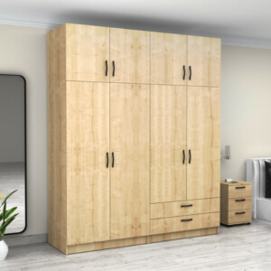 Ντουλάπα ρούχων Victoria Megapap τετράφυλλη με πατάρι και συρτάρια χρώμα φυσικό οξιάς 200x60x240εκ. - Image 4