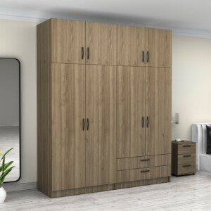 Ντουλάπα ρούχων Victoria Megapap τετράφυλλη με πατάρι και συρτάρια χρώμα καρυδί 200x60x240εκ. - Image 4