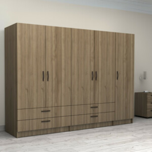 Ντουλάπα ρούχων Victoria Megapap πεντάφυλλη με συρτάρια χρώμα καρυδί 250x60x181εκ. - Image 4