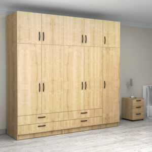 Ντουλάπα ρούχων Victoria Megapap πεντάφυλλη με πατάρι και συρτάρια χρώμα φυσικό οξιάς 250x60x240εκ. - Image 4