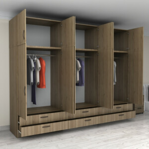 Ντουλάπα ρούχων Victoria Megapap εξάφυλλη με πατάρι και συρτάρια χρώμα καρυδί 300x60x240εκ. - Image 2