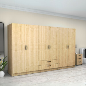 Ντουλάπα ρούχων Victoria Megapap εξάφυλλη με συρτάρια χρώμα φυσικό οξιάς 300x60x181εκ. - Image 4