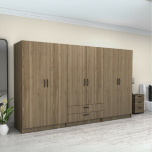 Ντουλάπα ρούχων Victoria Megapap εξάφυλλη με συρτάρια χρώμα καρυδί 300x60x181εκ. - Image 4