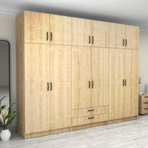 Ντουλάπα ρούχων Victoria Megapap εξάφυλλη με πατάρι και συρτάρια χρώμα φυσικό οξιάς 300x60x240εκ. - Image 4