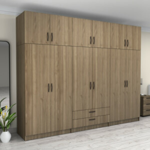 Ντουλάπα ρούχων Victoria Megapap εξάφυλλη με πατάρι και συρτάρια χρώμα καρυδί 300x60x240εκ. - Image 4