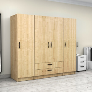 Ντουλάπα ρούχων Victoria Megapap τετράφυλλη με συρτάρια χρώμα φυσικό οξιάς 200x60x181εκ. - Image 4