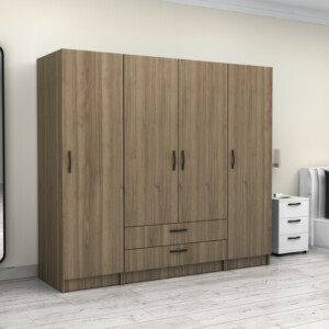 Ντουλάπα ρούχων Victoria Megapap τετράφυλλη με συρτάρια χρώμα καρυδί 200x60x181εκ. - Image 4