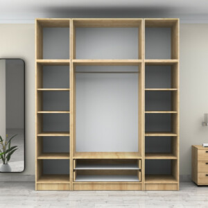 Ντουλάπα ρούχων Victoria Megapap τετράφυλλη με πατάρι και συρτάρια χρώμα φυσικό οξιάς 200x60x240εκ. - Image 3