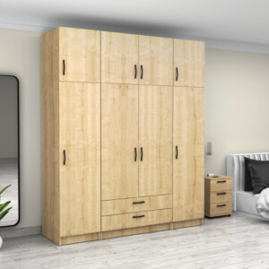 Ντουλάπα ρούχων Victoria Megapap τετράφυλλη με πατάρι και συρτάρια χρώμα φυσικό οξιάς 200x60x240εκ. - Image 4