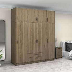 Ντουλάπα ρούχων Victoria Megapap τετράφυλλη με πατάρι και συρτάρια χρώμα καρυδί 200x60x240εκ. - Image 4